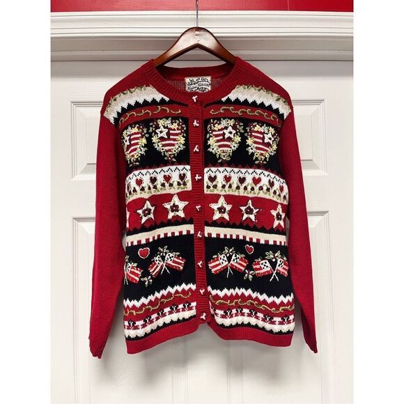 Heirloom Collectibles Vintage Red Floral Hearts Valentine Flag Cardigan Sweater - Picture 1 of 8